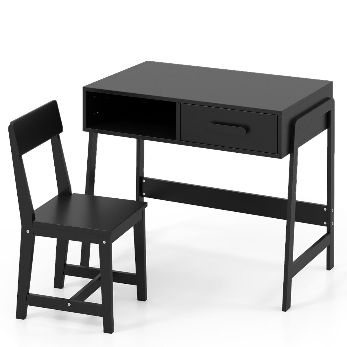 LIVSK Kinderbureau-set met Ergonomische Stoel - Ruim Bureau met Plank en Lade - Veiligheidsontwerp - Massief Hout - Zwart