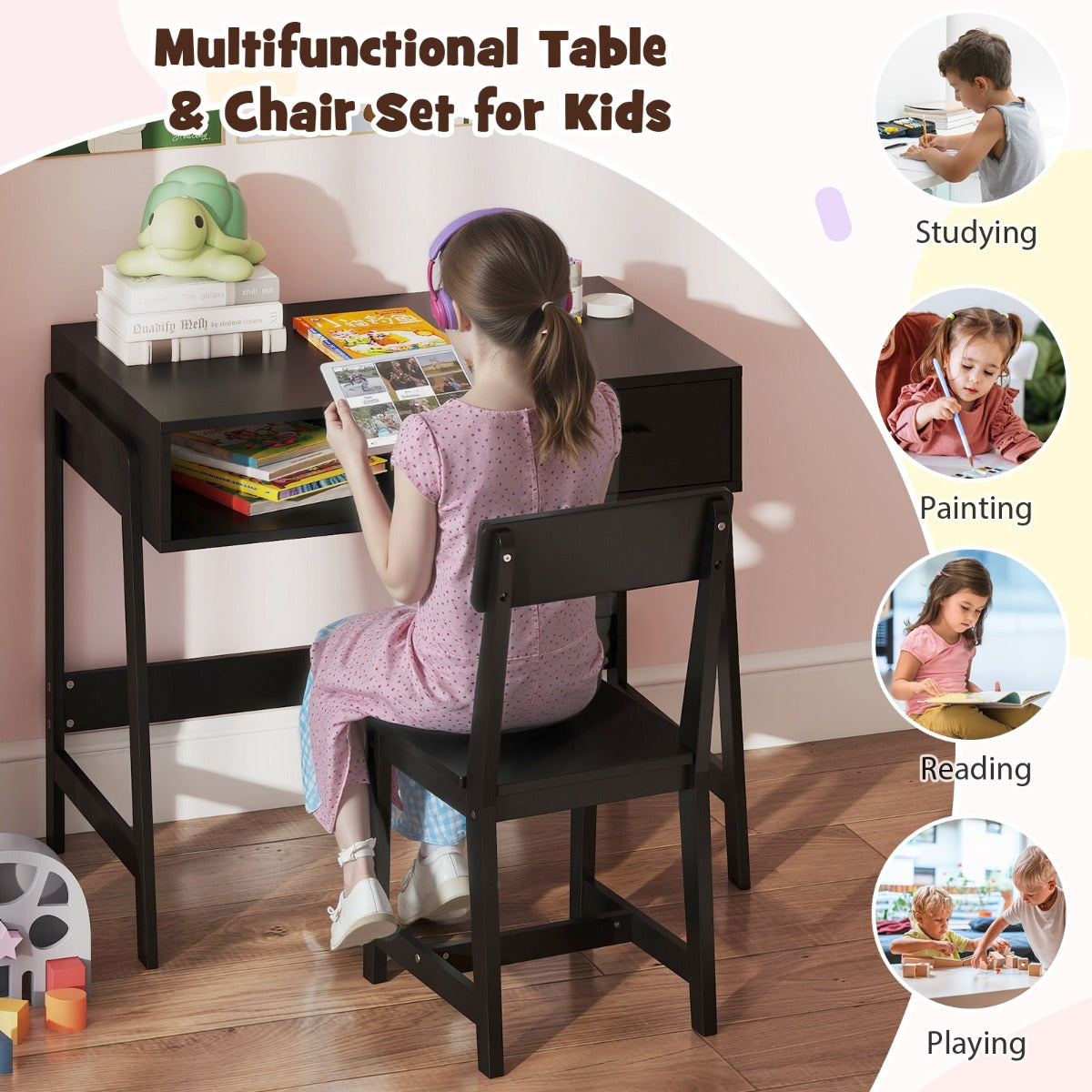 LIVSK Kinderbureau-set met Ergonomische Stoel - Ruim Bureau met Plank en Lade - Veiligheidsontwerp - Massief Hout - Zwart