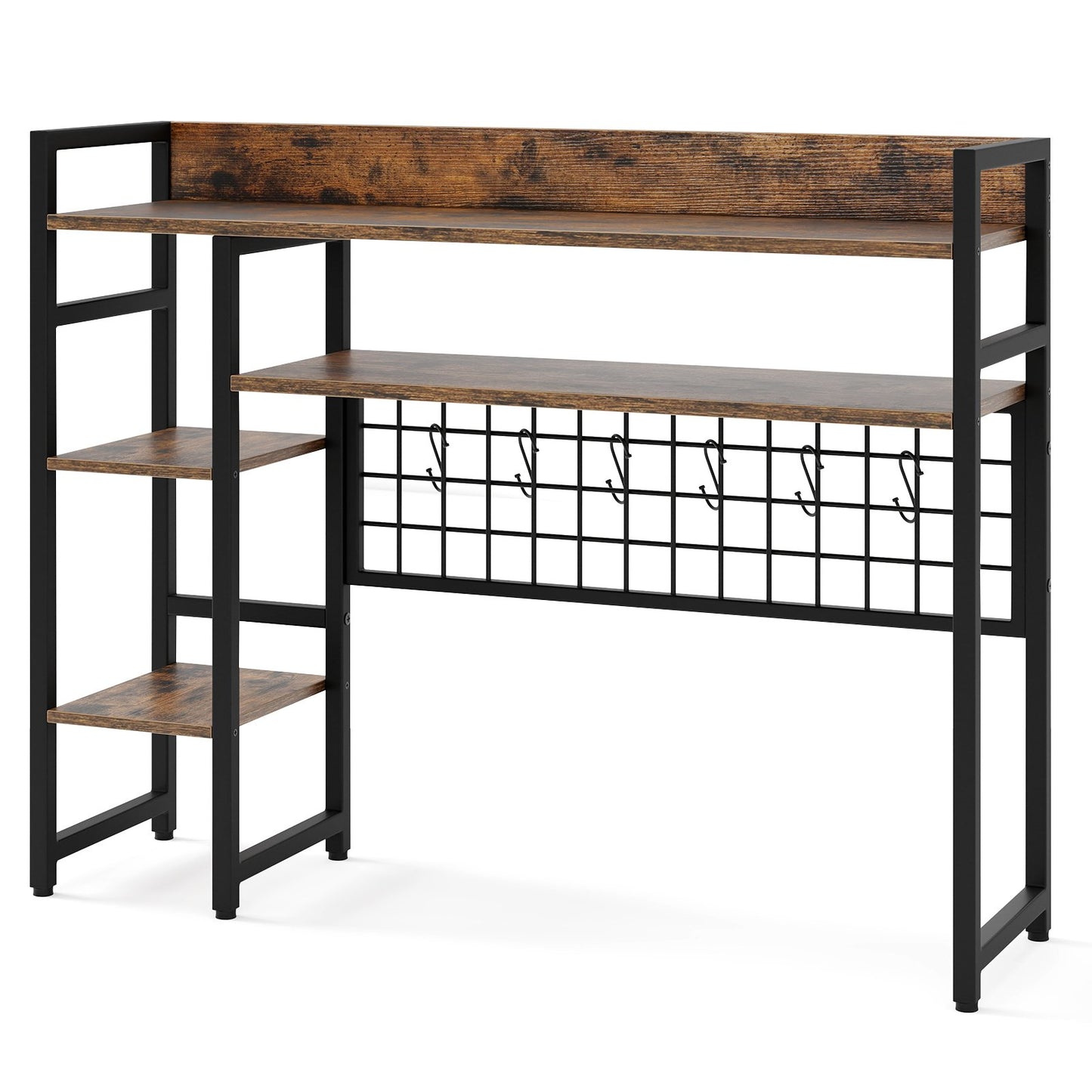 LIVSK Bureauplank-organizer met 4 Planken en 6 Haken - Metalen Rooster - Verstelbare Voetsteunen - 94 x 25 x 74 cm - Rustiek bruin