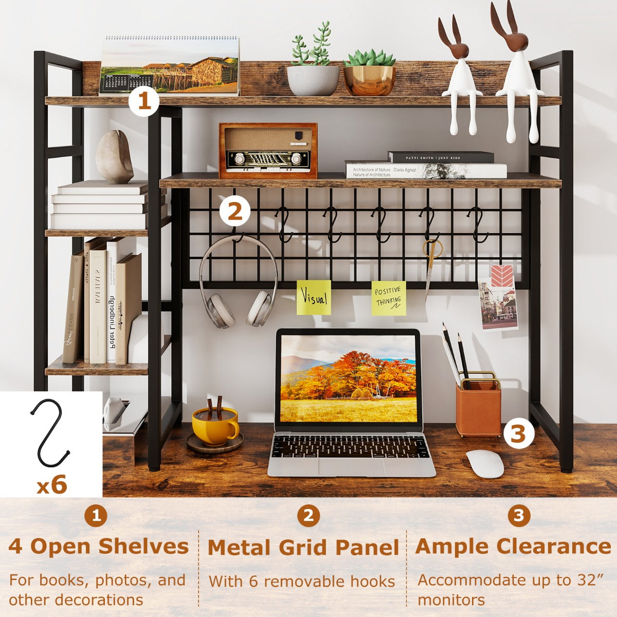 LIVSK Bureauplank-organizer met 4 Planken en 6 Haken - Metalen Rooster - Verstelbare Voetsteunen - 94 x 25 x 74 cm - Rustiek bruin
