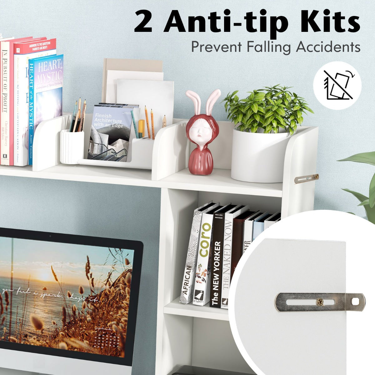 LIVSK Bureaurek met 3 Legplanken en 2 Vakken - Draagvermogen 45 kg - Geschikt voor Monitoren tot 27 inch - Wit