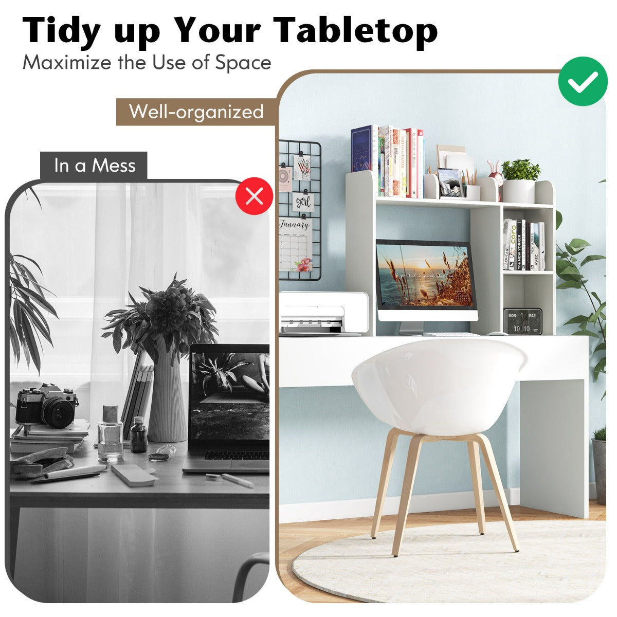 LIVSK Bureaurek met 3 Legplanken en 2 Vakken - Draagvermogen 45 kg - Geschikt voor Monitoren tot 27 inch - Wit