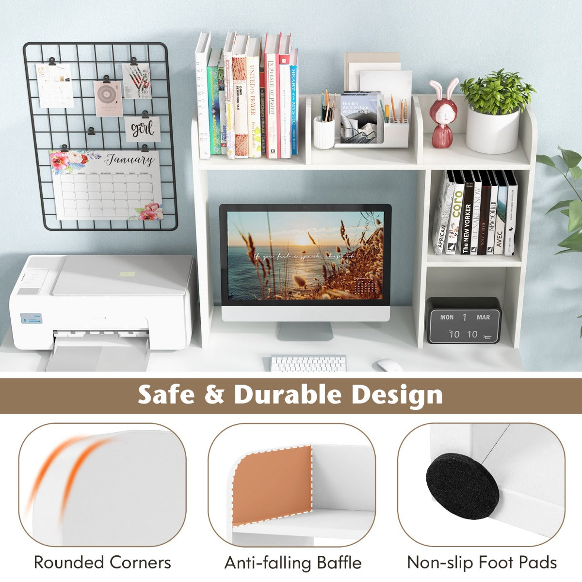 LIVSK Bureaurek met 3 Legplanken en 2 Vakken - Draagvermogen 45 kg - Geschikt voor Monitoren tot 27 inch - Wit