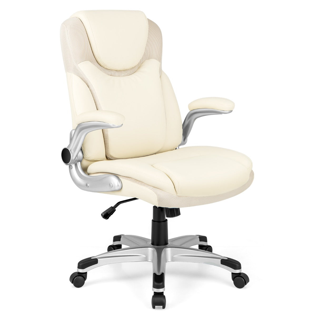 LIVSK Ergonomische Directiestoel - Verstelbaar met Kantelfunctie en Opklapbare Armleuningen - PU-leer - Tot 160 kg - Beige