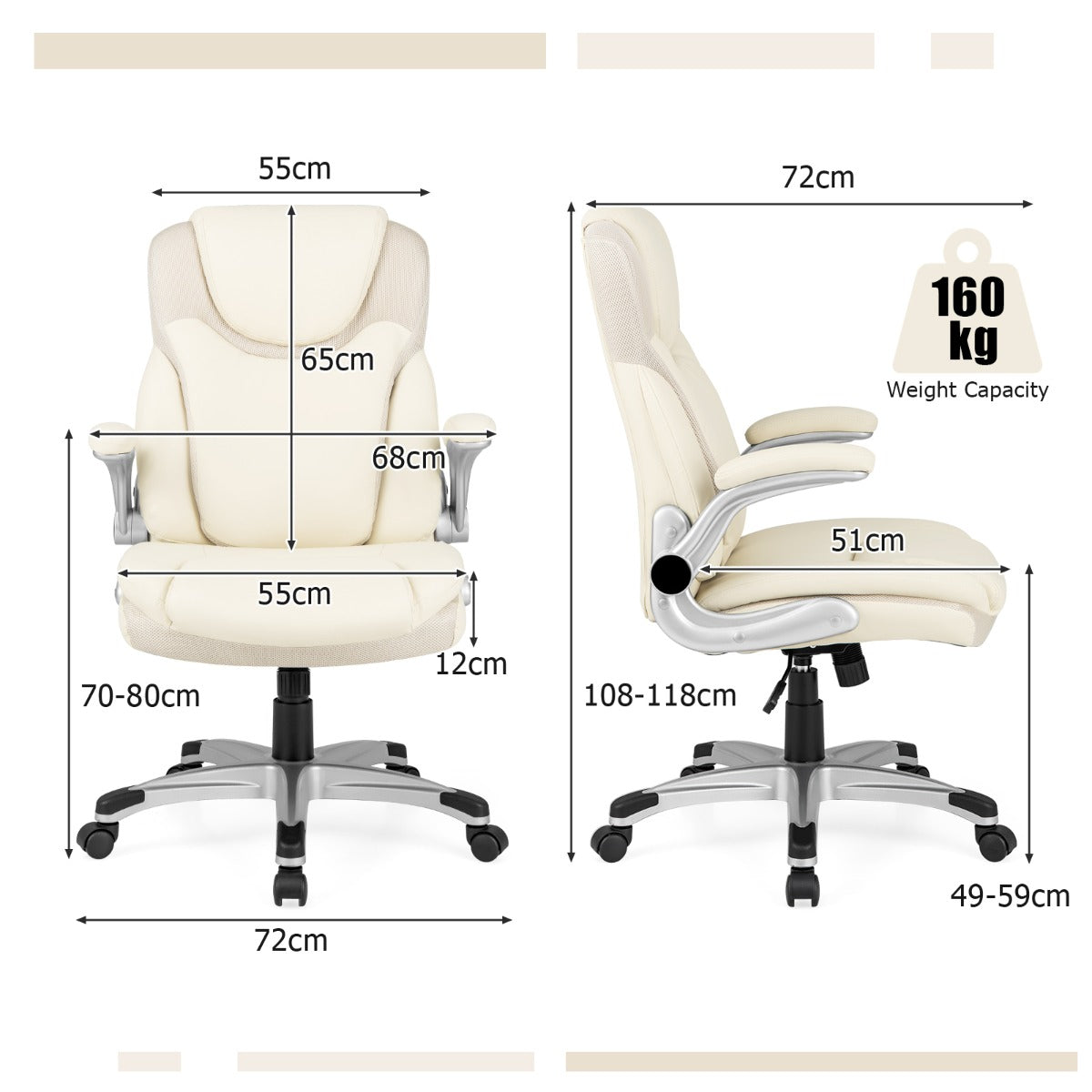 LIVSK Ergonomische Directiestoel - Verstelbaar met Kantelfunctie en Opklapbare Armleuningen - PU-leer - Tot 160 kg - Beige