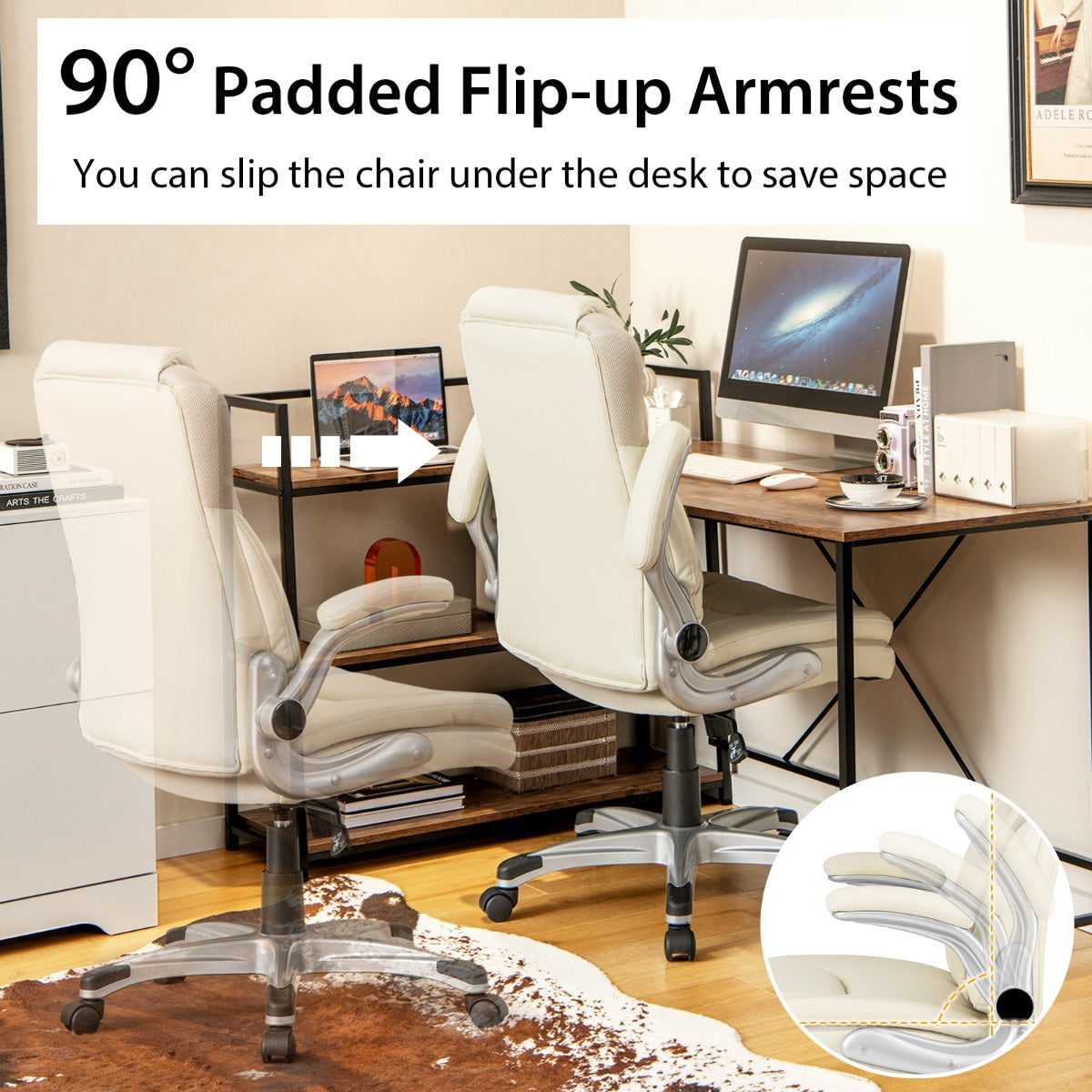 LIVSK Ergonomische Directiestoel - Verstelbaar met Kantelfunctie en Opklapbare Armleuningen - PU-leer - Tot 160 kg - Beige