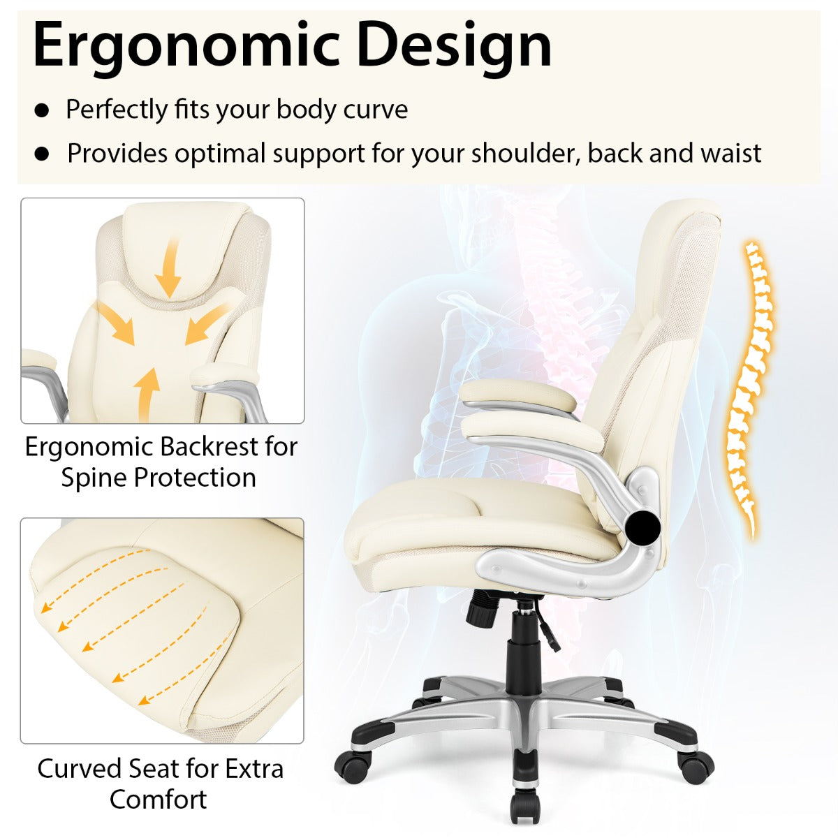 LIVSK Ergonomische Directiestoel - Verstelbaar met Kantelfunctie en Opklapbare Armleuningen - PU-leer - Tot 160 kg - Beige