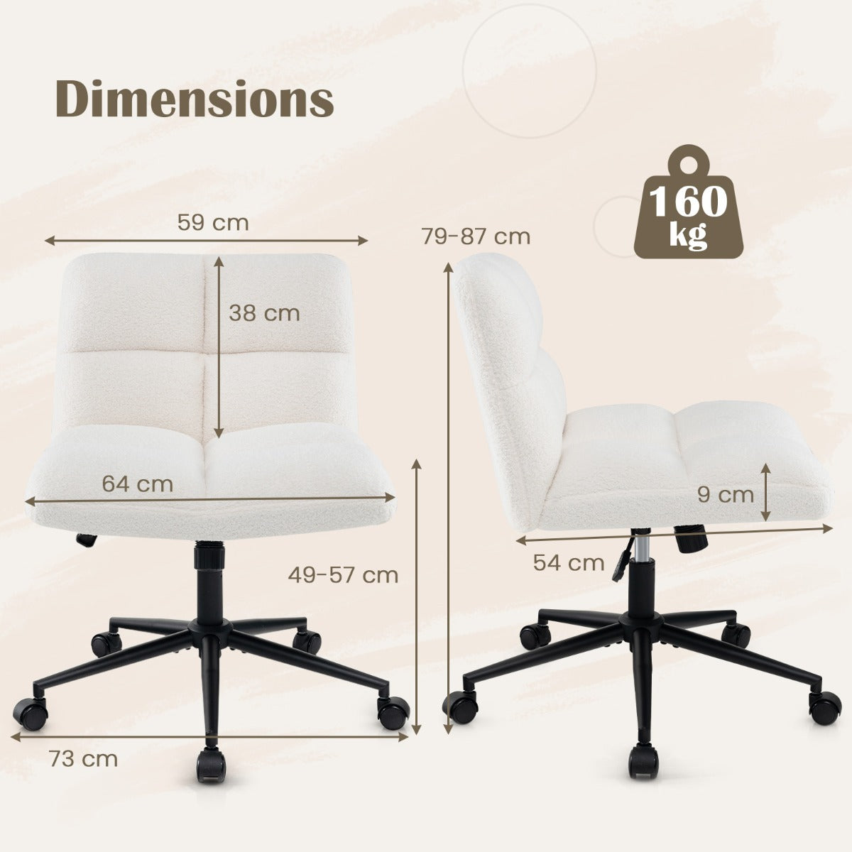 LIVSK Kruispootstoel - Verstelbare Hoogte en Schommelfunctie - Luxe Fleece Bekleding - Stabiele Basis tot 160 kg - Beige