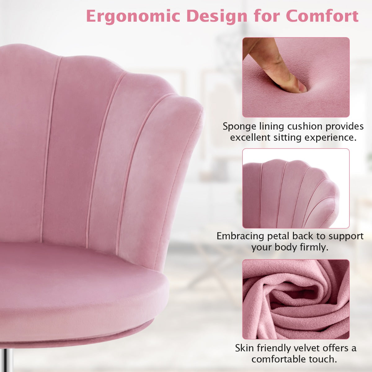 LIVSK Make-upstoel - Ergonomisch Design - Traploze Hoogteverstelling 74-82 cm - 360° Draaifunctie - Huidvriendelijk Fluweel -