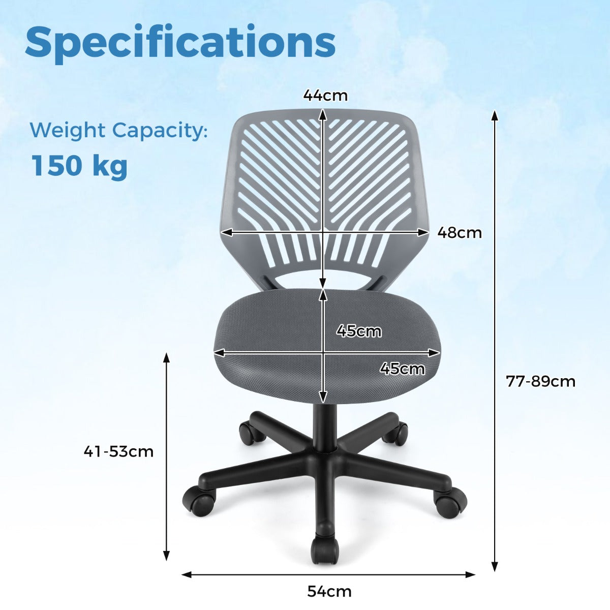 LIVSK Ergonomische Mesh-Bureaustoel - In hoogte verstelbaar - Ademend - Ruimtebesparend - Tot 150 kg - 54 x 54 x 77-89 cm - Blauw