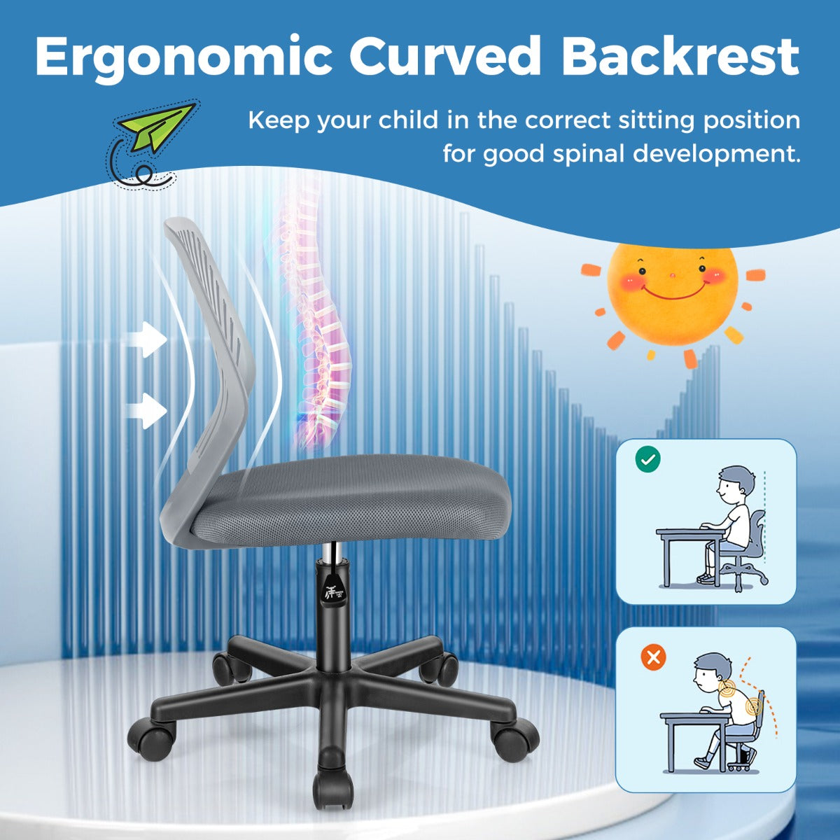 LIVSK Ergonomische Mesh-Bureaustoel - In hoogte verstelbaar - Ademend - Ruimtebesparend - Tot 150 kg - 54 x 54 x 77-89 cm - Blauw