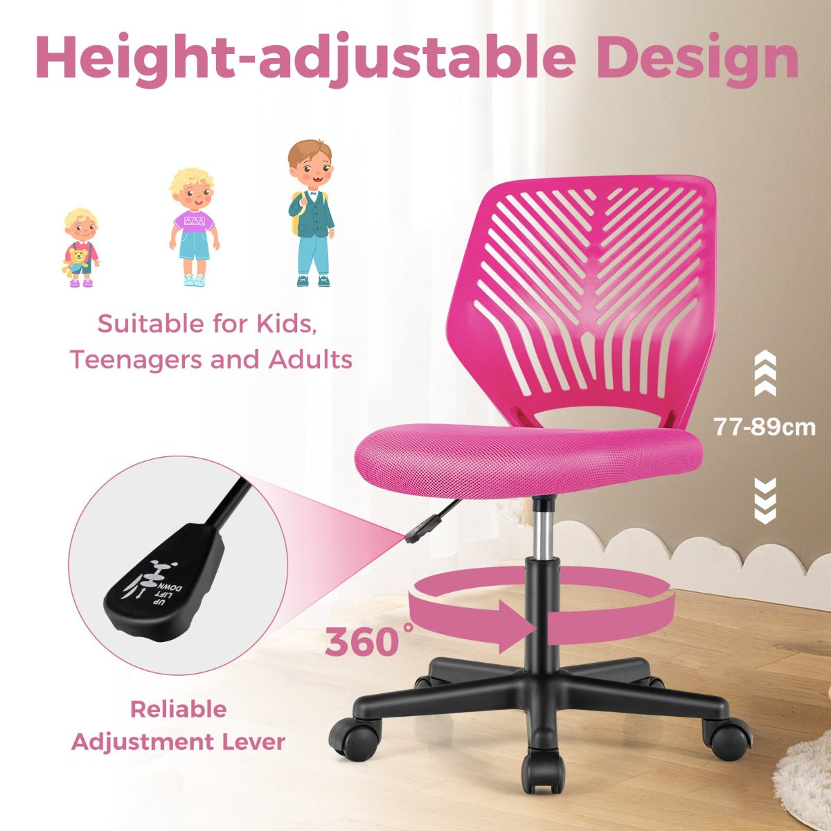 LIVSK Ergonomische Kinderbureaustoel - Verstelbaar - Ademend Mesh - Ruimtebesparend - Tot 150 kg - Roze