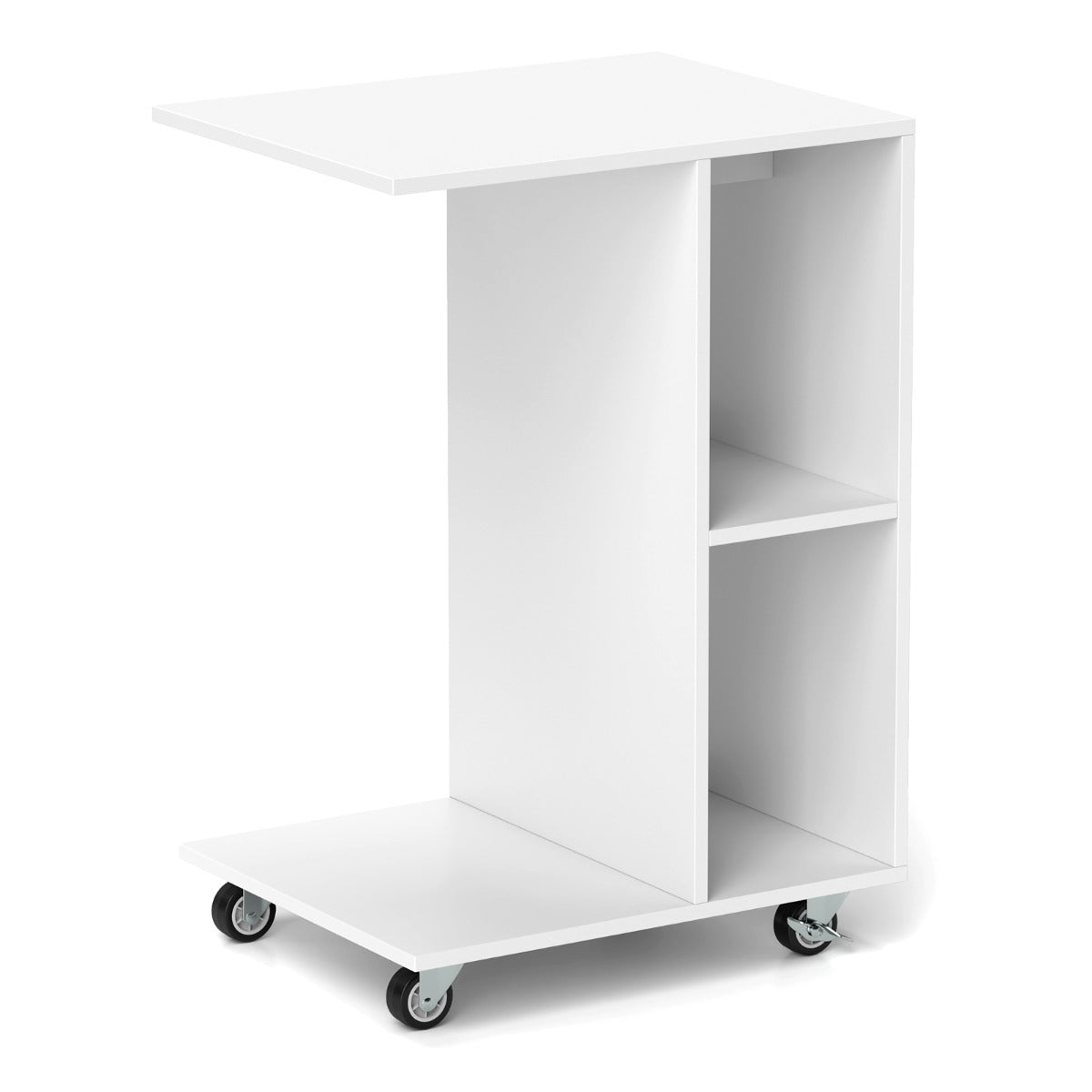 LIVSK C-vormige bijzettafel - Ruimtebesparend met Opbergplanken - Soepele en Vergrendelbare Wielen - Tot 50 kg - Wit