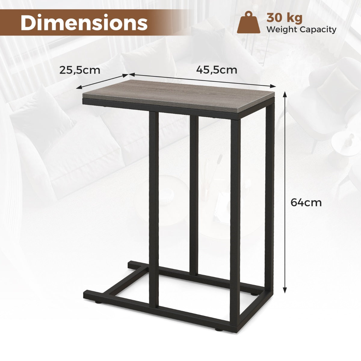 LIVSK C-vormige bijzettafel - Ruimtebesparend ontwerp - Stevig metalen frame - Ideaal voor laptop en snacks - 45,5 x 25,5 x 64 cm