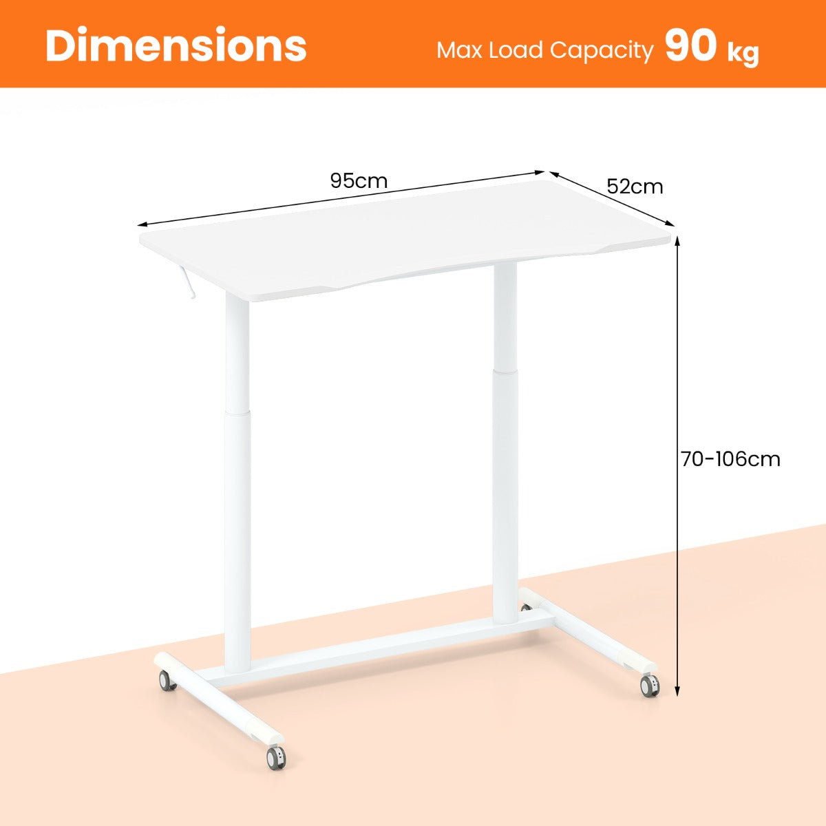 LIVSK Zit-sta-bureau - Verstelbare Hoogte 70-106 cm - C-vormig - 90 kg Draagvermogen - 4 Wielen - Wit