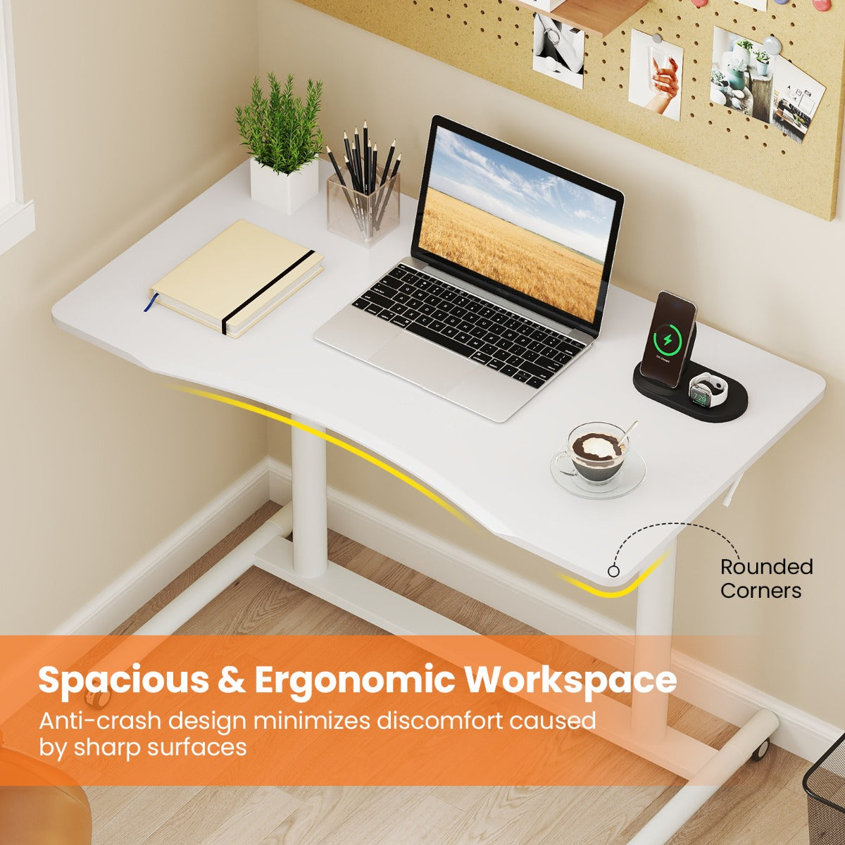 LIVSK Zit-sta-bureau - Verstelbare Hoogte 70-106 cm - C-vormig - 90 kg Draagvermogen - 4 Wielen - Wit