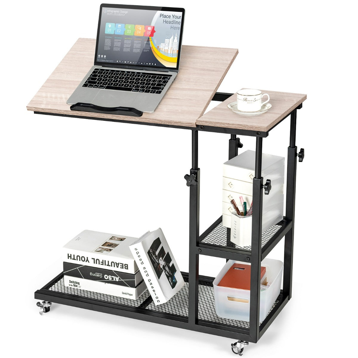 LIVSK C-vormige laptoptafel - Verstelbaar van 63,5-95 cm - Kantelbaar tot 32,5° - 360° Draaibare wielen - Natuur