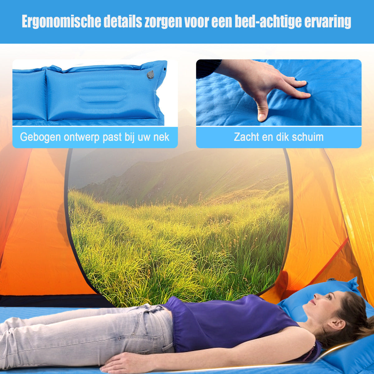 LIVSK Zelfopblazende Kampeermat met Kussen - Dik Schuim - Waterdicht PVC - 187 x 130 x 4 cm - 2 Persoons - Blauw