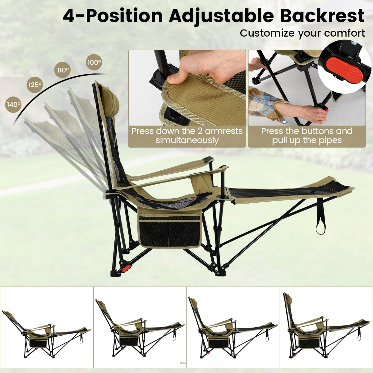 LIVSK 2-in-1 Outdoor Ligstoel - Opvouwbaar met Verstelbare Rugleuning - Bekerhouder en Zijvak - Tot 150 kg - Groen