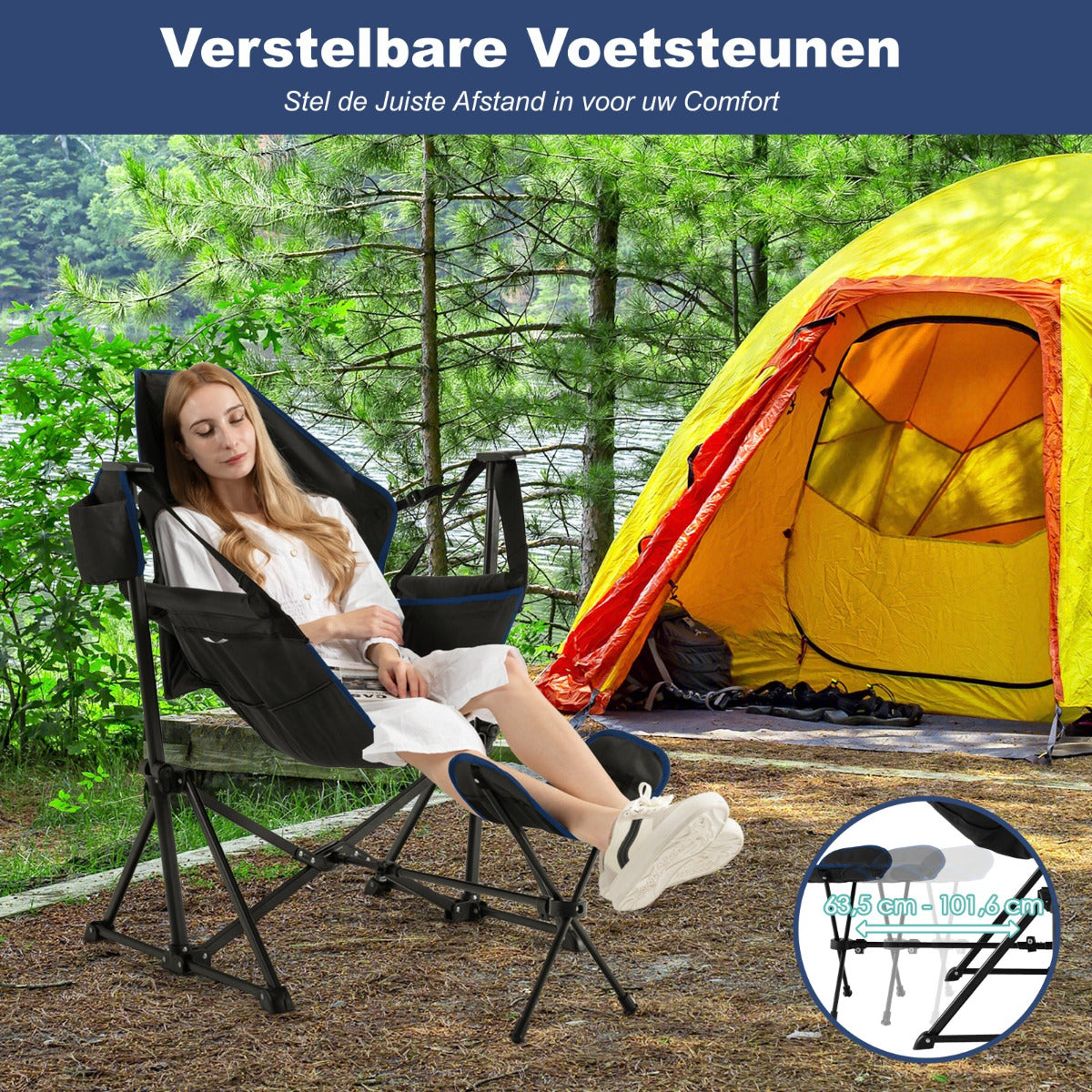 Livsk costway campingstoel met intrekbare voetensteun hoofdkussen bekerhouder inklapbare visstoel inclusief draagtas zwart 3