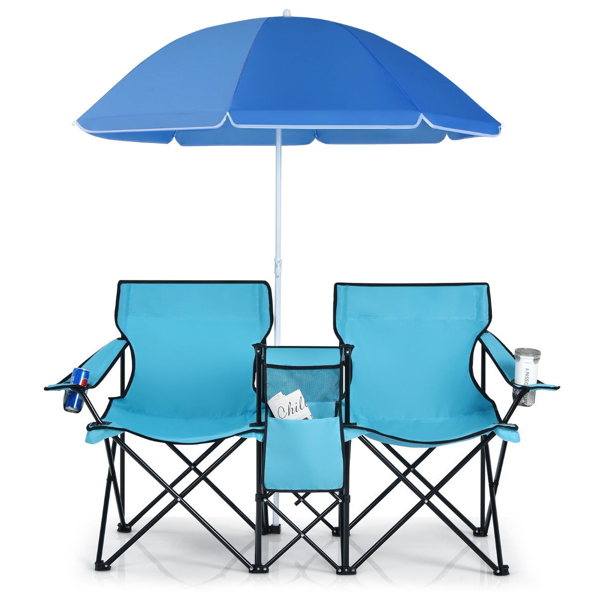Livsk costway campingstoel met parasol klapstoel voor koppels dubbele visstoel opvouwbaar met bekerhouder koeltas 55 x 85 x 161 cm turkoois groen 1 1