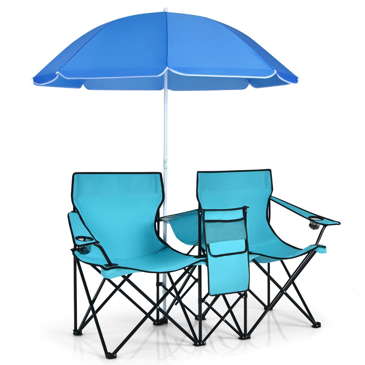Livsk costway campingstoel met parasol klapstoel voor koppels dubbele visstoel opvouwbaar met bekerhouder koeltas 55 x 85 x 161 cm turkoois groen