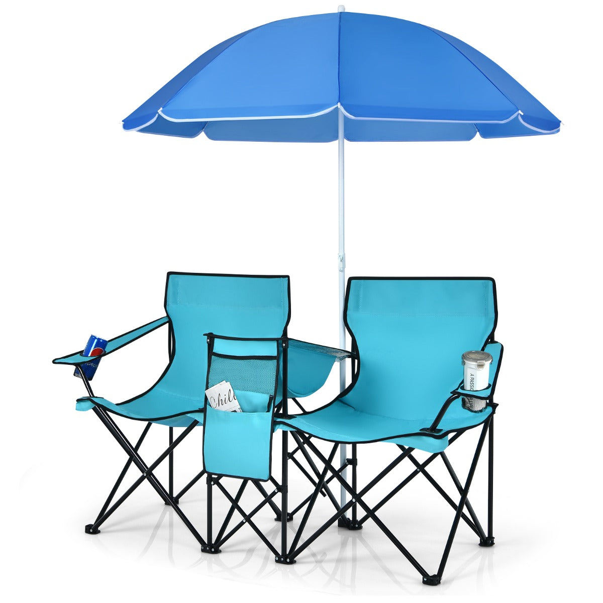 Livsk costway campingstoel met parasol klapstoel voor koppels dubbele visstoel opvouwbaar met bekerhouder koeltas 55 x 85 x 161 cm turkoois groen 2