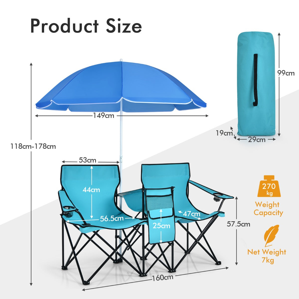 Livsk costway campingstoel met parasol klapstoel voor koppels dubbele visstoel opvouwbaar met bekerhouder koeltas 55 x 85 x 161 cm turkoois groen 3