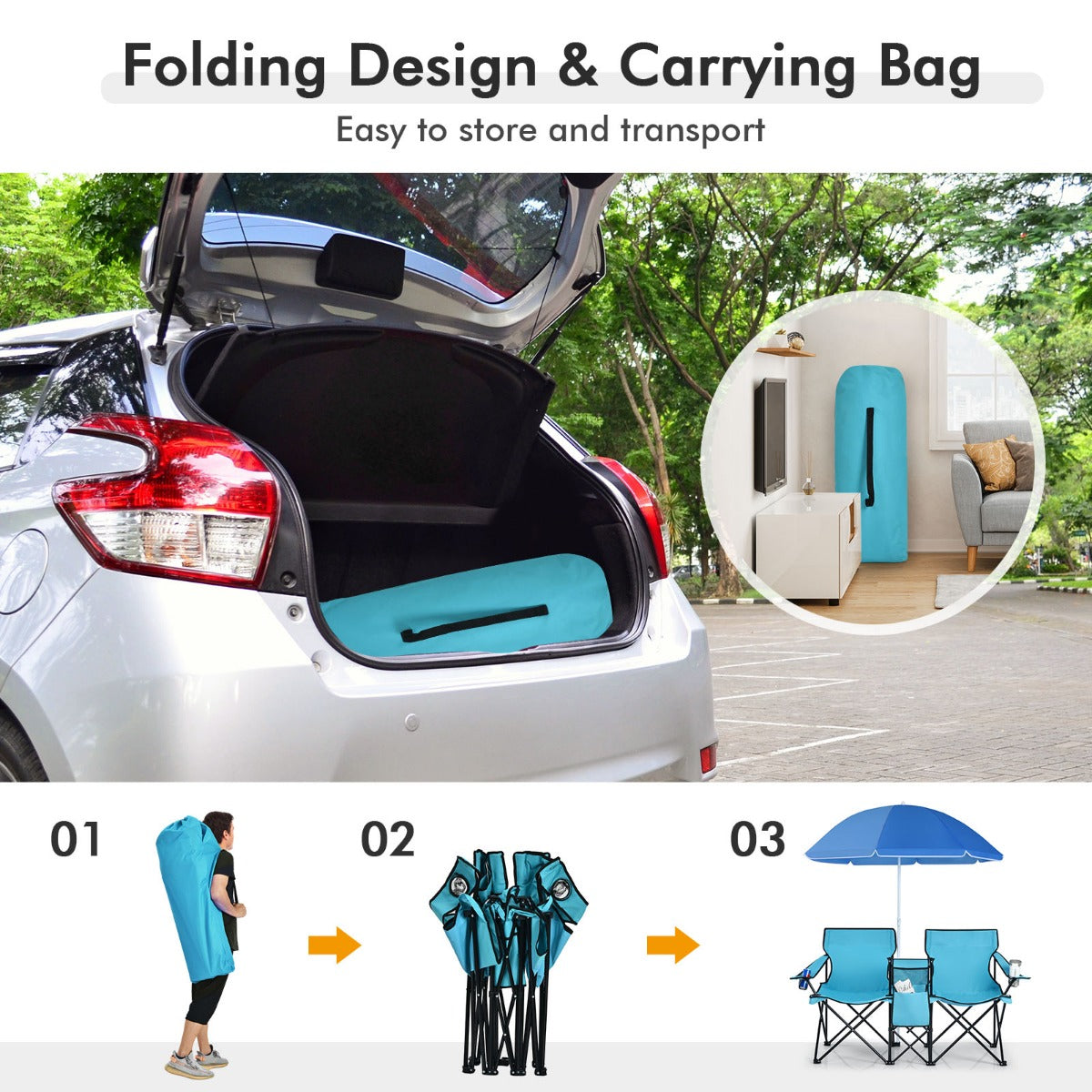 Livsk costway campingstoel met parasol klapstoel voor koppels dubbele visstoel opvouwbaar met bekerhouder koeltas 55 x 85 x 161 cm turkoois groen 4