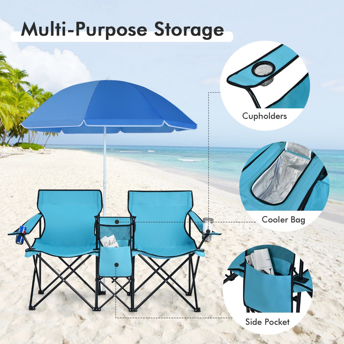 Livsk costway campingstoel met parasol klapstoel voor koppels dubbele visstoel opvouwbaar met bekerhouder koeltas 55 x 85 x 161 cm turkoois groen 5