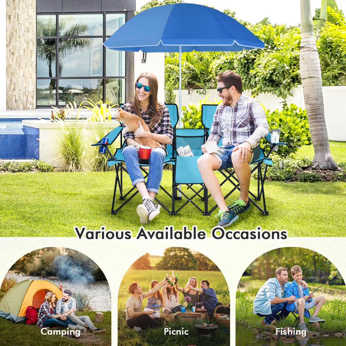 Livsk costway campingstoel met parasol klapstoel voor koppels dubbele visstoel opvouwbaar met bekerhouder koeltas 55 x 85 x 161 cm turkoois groen 6