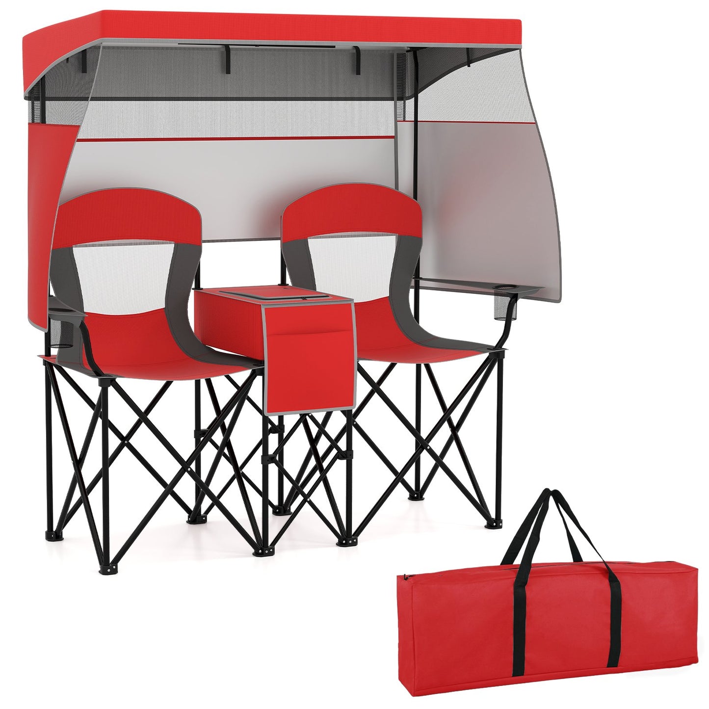 LIVSK Dubbele Strandstoel met UPF50+ Verstelbare Parasol - Ruimte voor 2 Personen - Vouwbaar met Draagtas - Rood