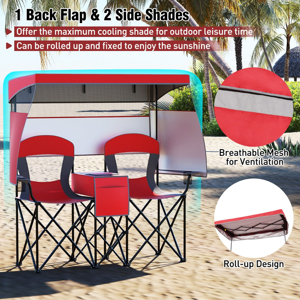 LIVSK Dubbele Strandstoel met UPF50+ Verstelbare Parasol - Ruimte voor 2 Personen - Vouwbaar met Draagtas - Rood