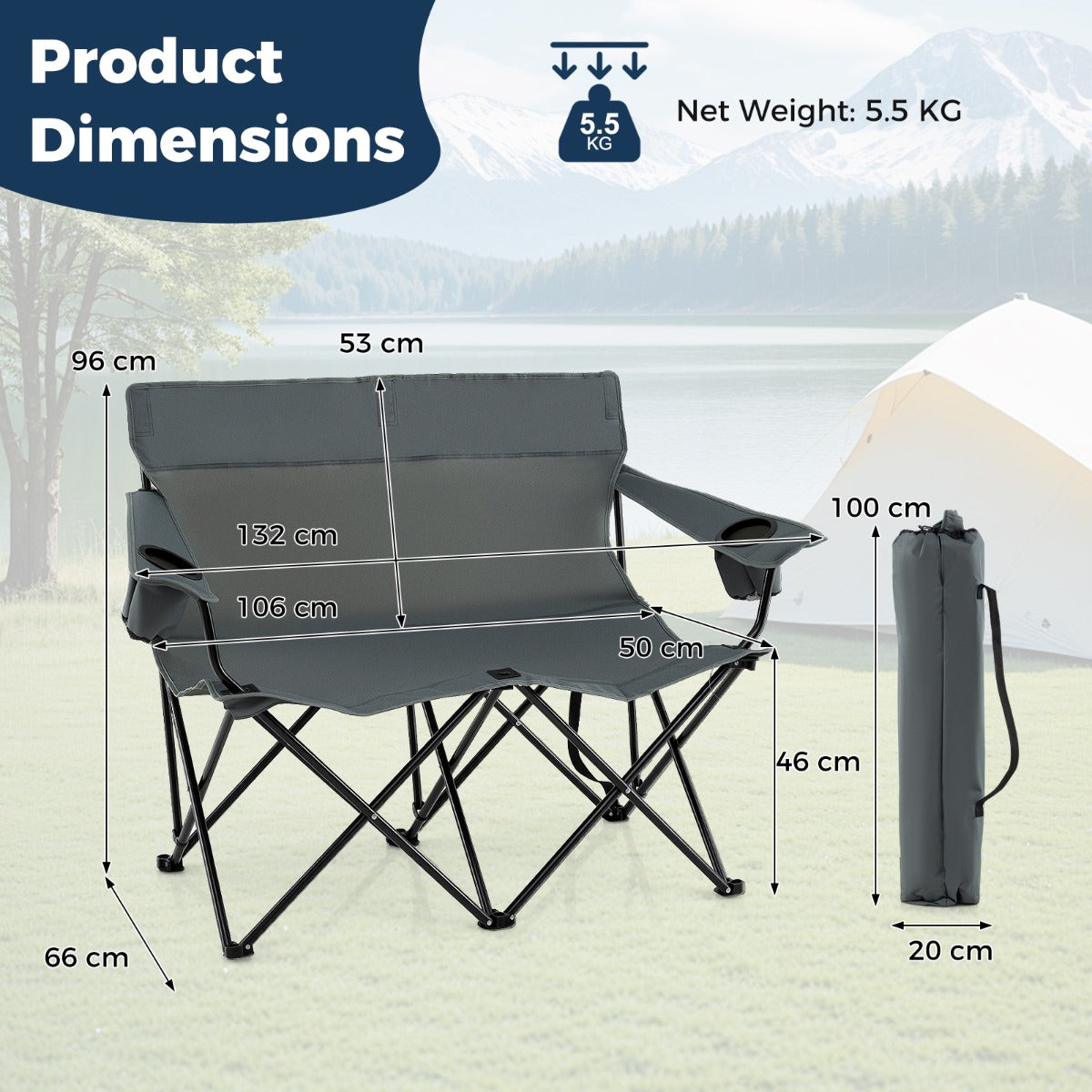 LIVSK Tweezits Campingstoel - Inklapbaar met Hoge Rugleuning - Bekerhouders - Antislip - Tot 300 kg - Blauw