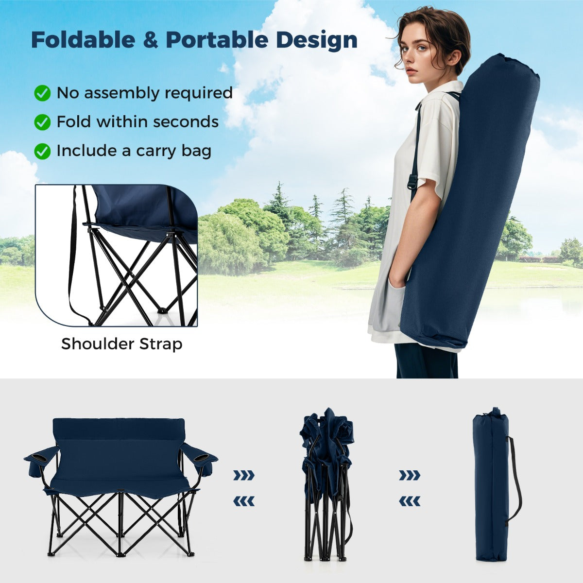 LIVSK Tweezits Campingstoel - Inklapbaar met Hoge Rugleuning - Bekerhouders - Antislip - Tot 300 kg - Blauw