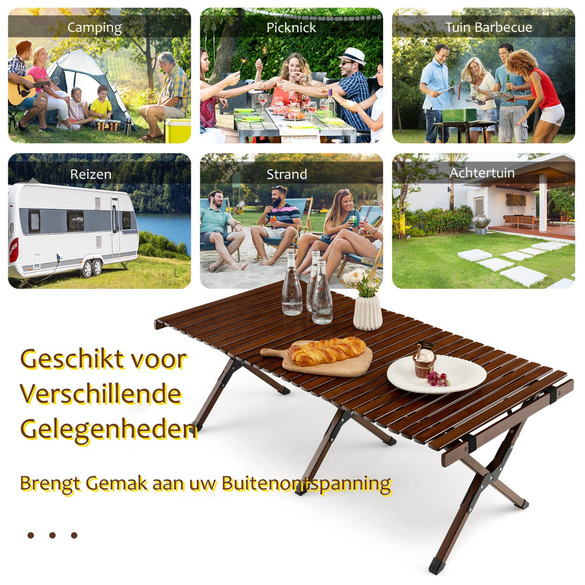LIVSK Opvouwbare Camping Picknicktafel - 100% Bamboe - Waterdicht - Draagtas - 50 kg Draagvermogen - 122 x 60 x 43,5 cm - Koffie