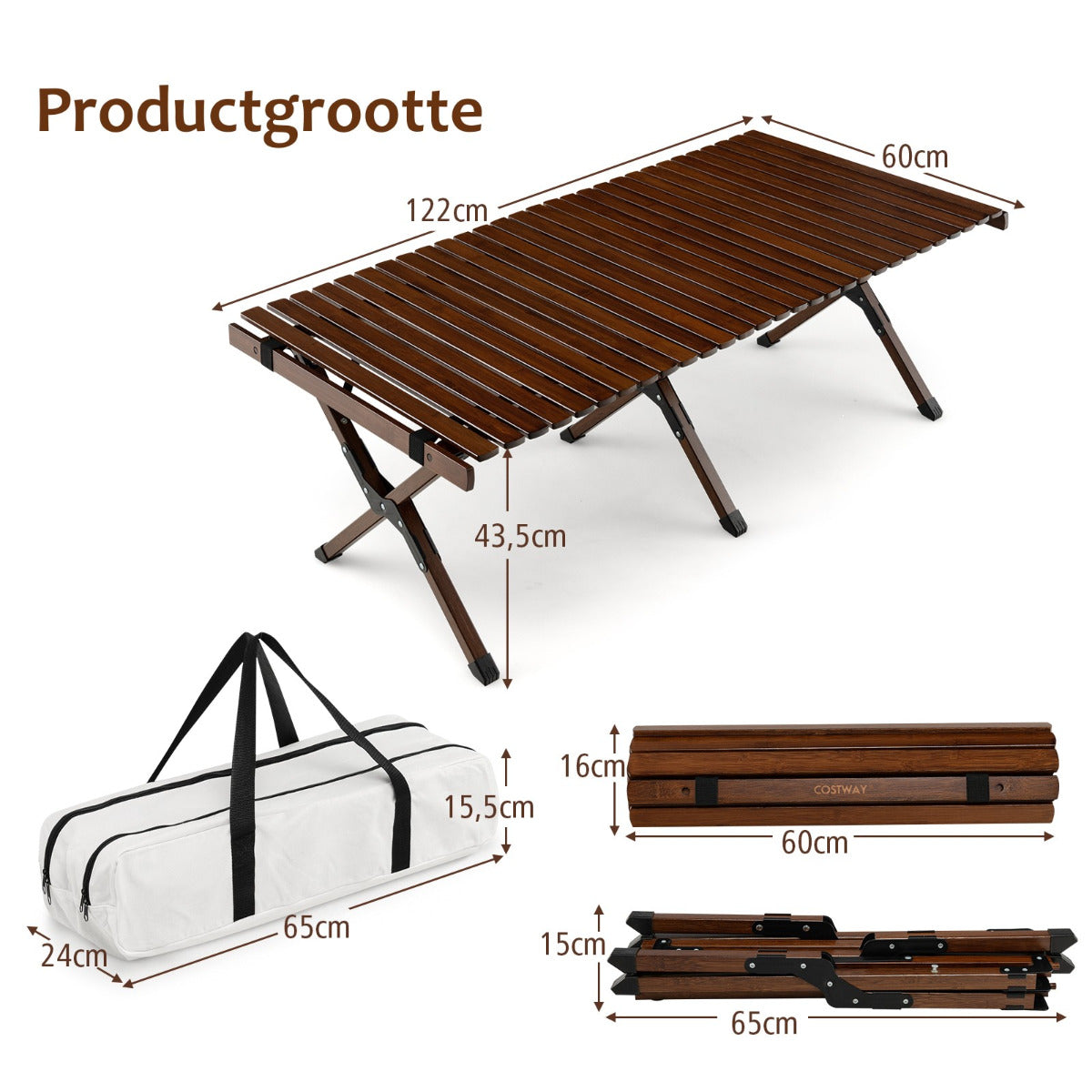 LIVSK Opvouwbare Camping Picknicktafel - 100% Bamboe - Waterdicht - Draagtas - 50 kg Draagvermogen - 122 x 60 x 43,5 cm - Koffie
