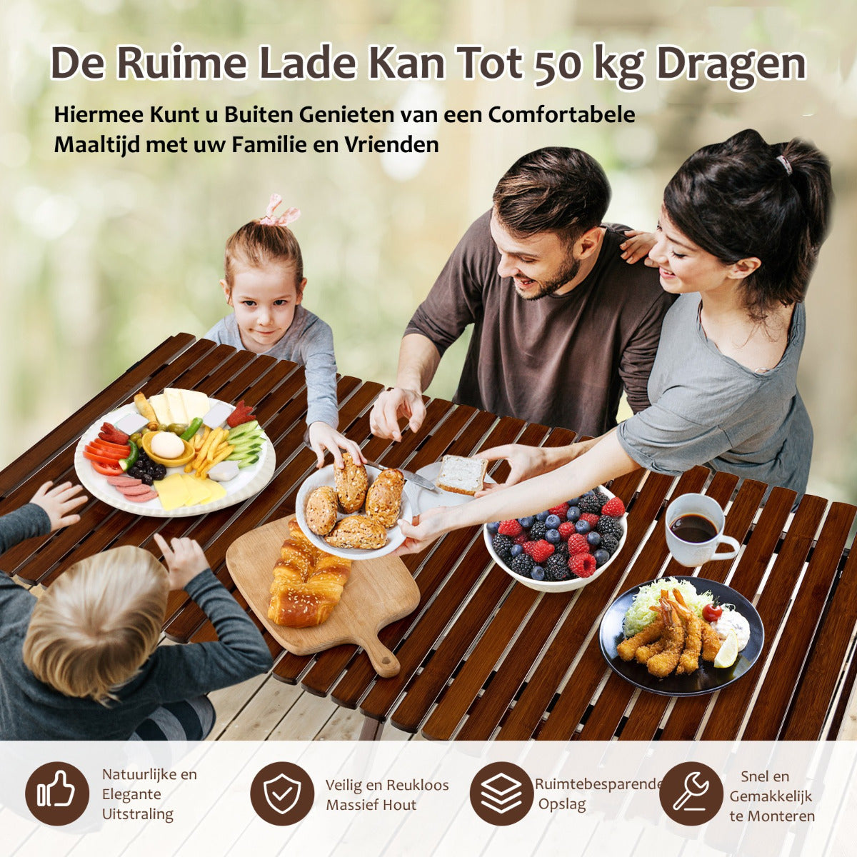 LIVSK Opvouwbare Camping Picknicktafel - 100% Bamboe - Waterdicht - Draagtas - 50 kg Draagvermogen - 122 x 60 x 43,5 cm - Koffie