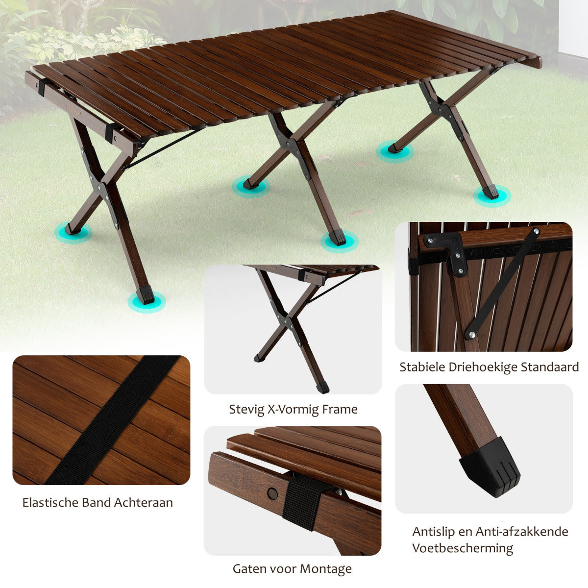 LIVSK Opvouwbare Camping Picknicktafel - 100% Bamboe - Waterdicht - Draagtas - 50 kg Draagvermogen - 122 x 60 x 43,5 cm - Koffie