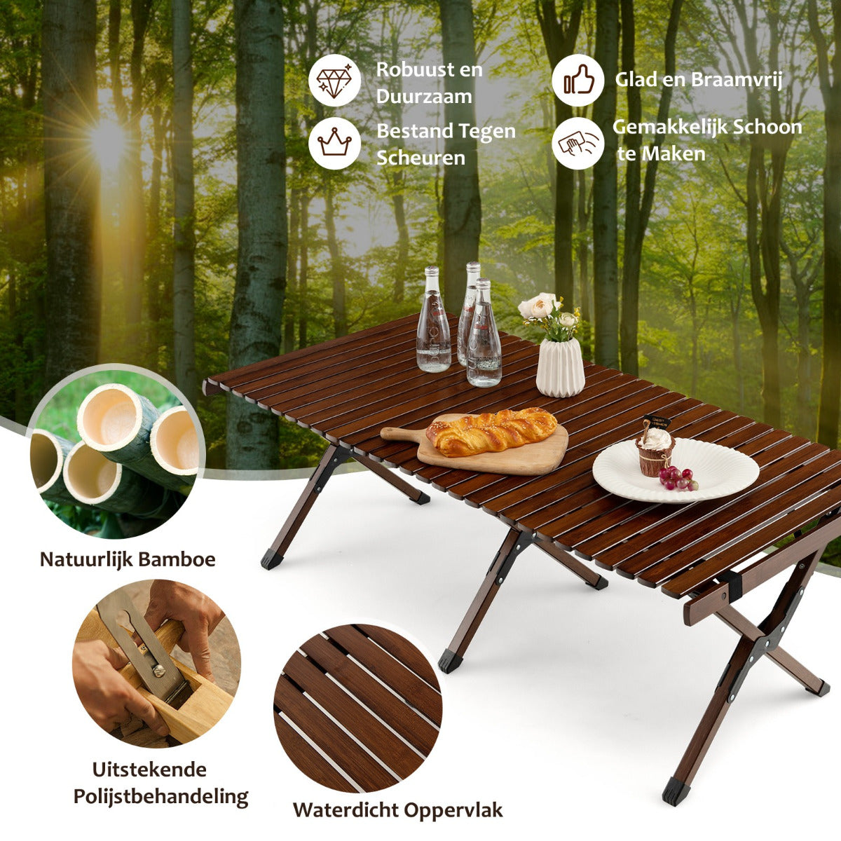 LIVSK Opvouwbare Camping Picknicktafel - 100% Bamboe - Waterdicht - Draagtas - 50 kg Draagvermogen - 122 x 60 x 43,5 cm - Koffie
