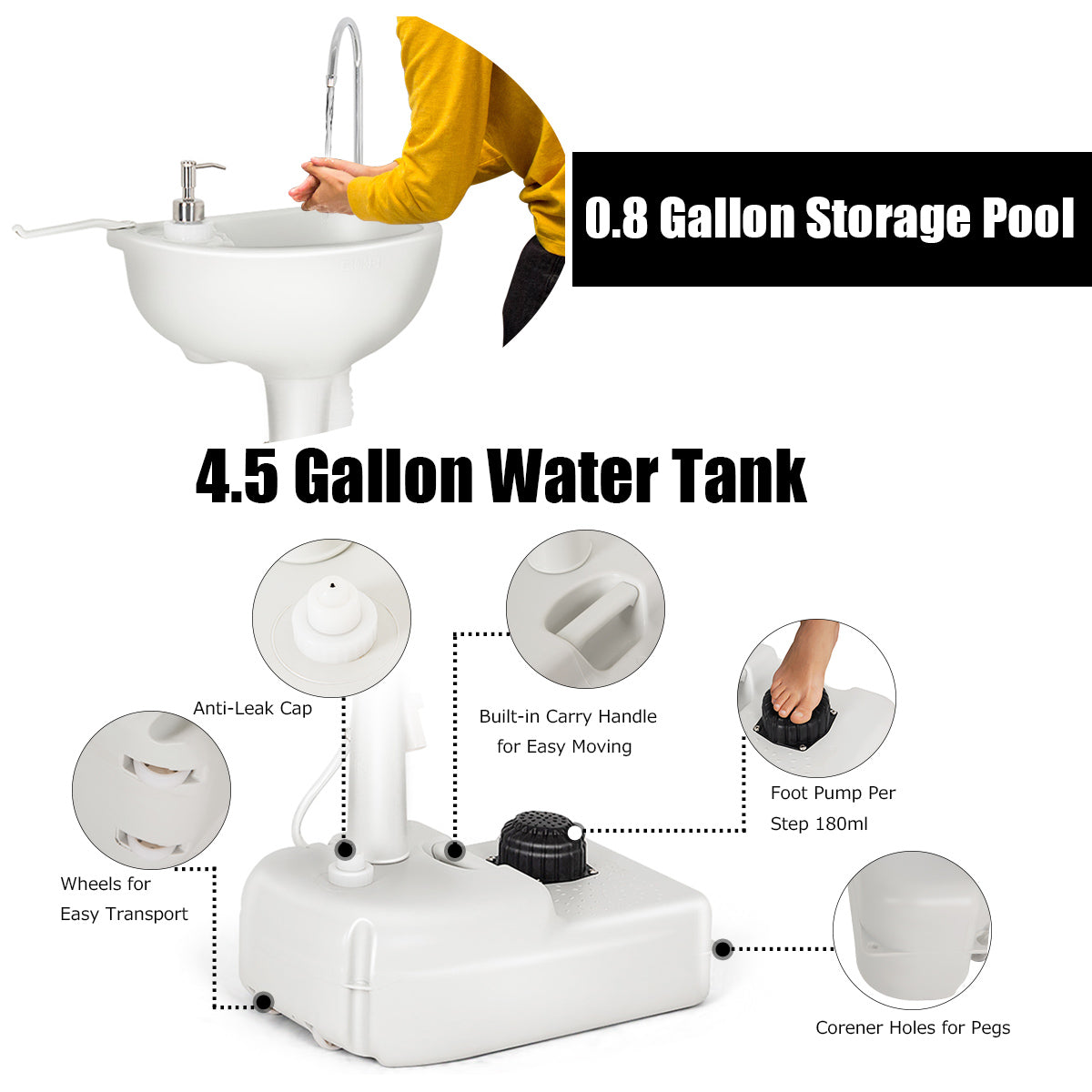 LIVSK Draagbare Handwasbak met Voetpomp - 17L Watertank - Zeepdispenser - Handdoekhouder - Voor Buiten - Grijs