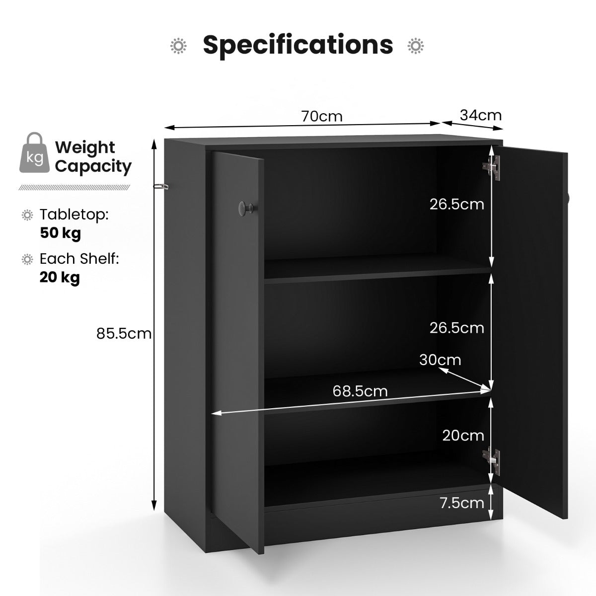 Livsk costway commode met 2 deuren modern dressoir met 3 planken en anti kantelbeveiliging vrijstaande opbergorganizer zwart 2 2