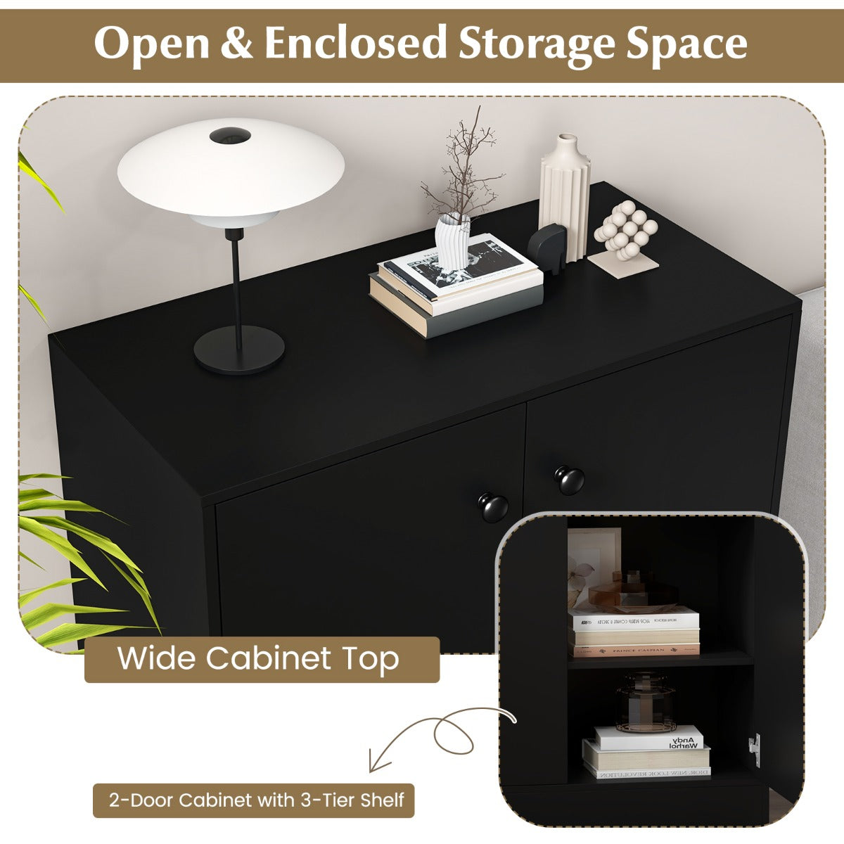 Livsk costway commode met 2 deuren modern dressoir met 3 planken en anti kantelbeveiliging vrijstaande opbergorganizer zwart 4 2