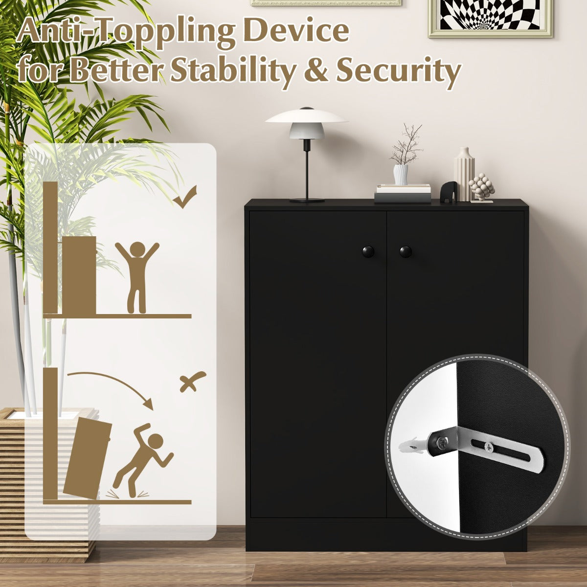 Livsk costway commode met 2 deuren modern dressoir met 3 planken en anti kantelbeveiliging vrijstaande opbergorganizer zwart 5 2