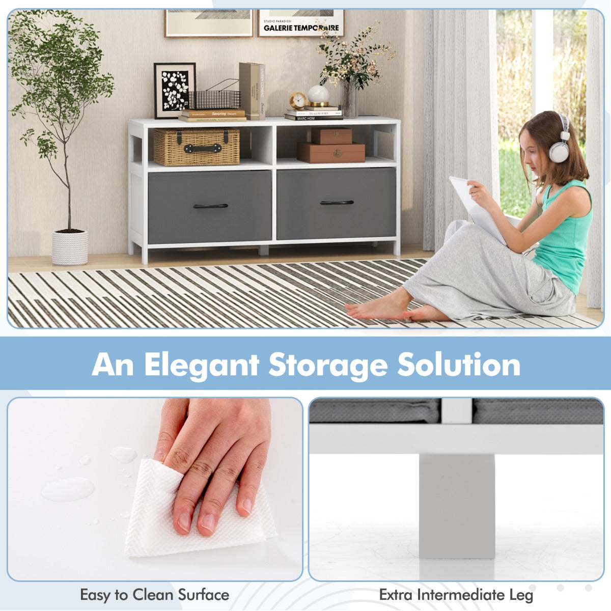 LIVSK Inklapbare Commode - 2 Laden & Open Planken - Stabiele MDF Constructie - Antislip Voetpads - Tot 80 kg - Grijs/Wit