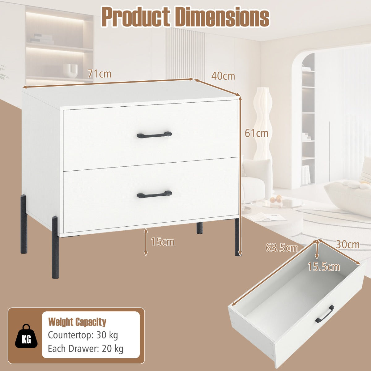 Livsk costway commode met 2 lades moderne houten nachtkastje met metalen poten en handgrepen compact bijzettafeltje met lades 2