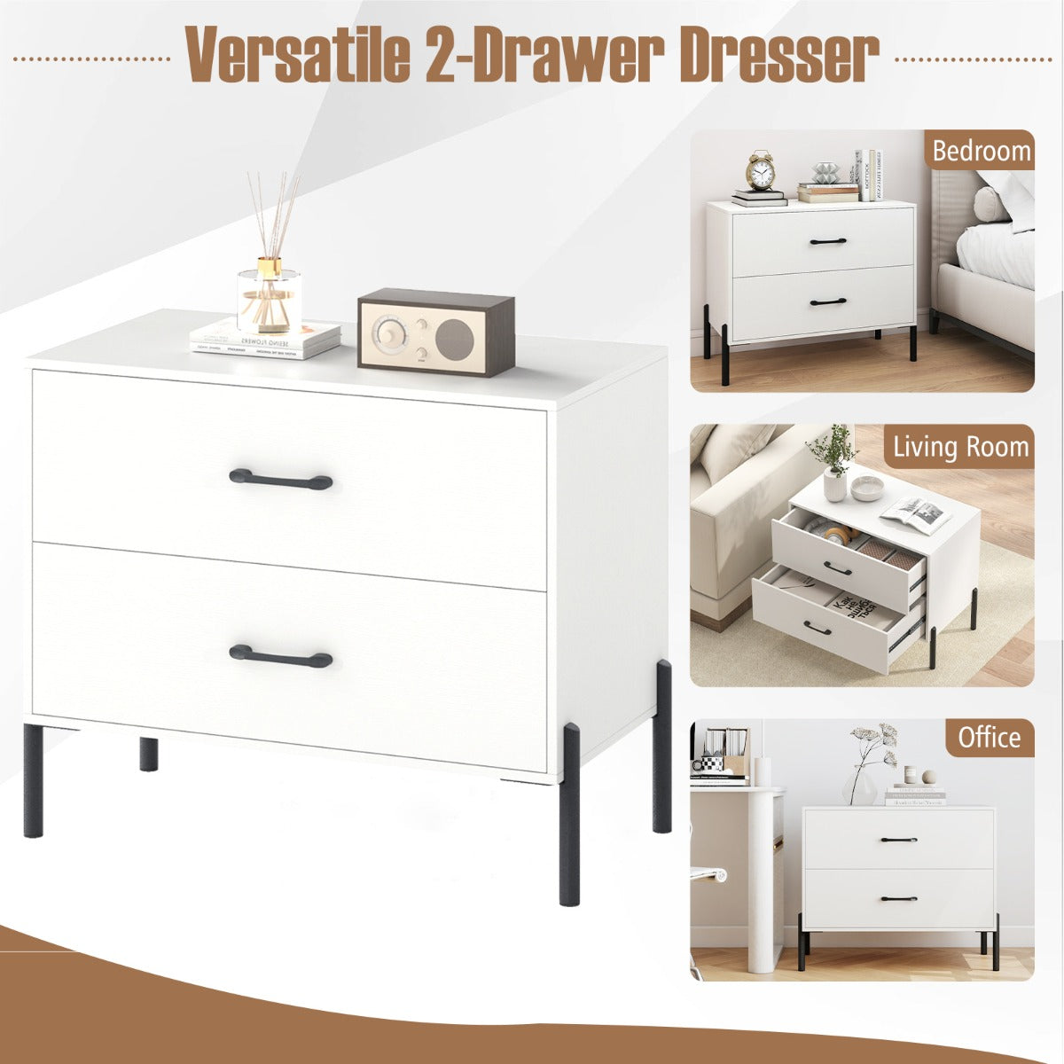 Livsk costway commode met 2 lades moderne houten nachtkastje met metalen poten en handgrepen compact bijzettafeltje met lades 3