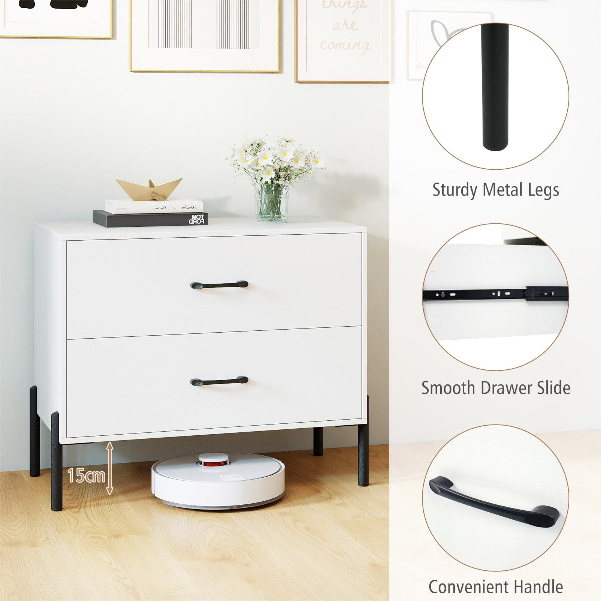 Livsk costway commode met 2 lades moderne houten nachtkastje met metalen poten en handgrepen compact bijzettafeltje met lades 4