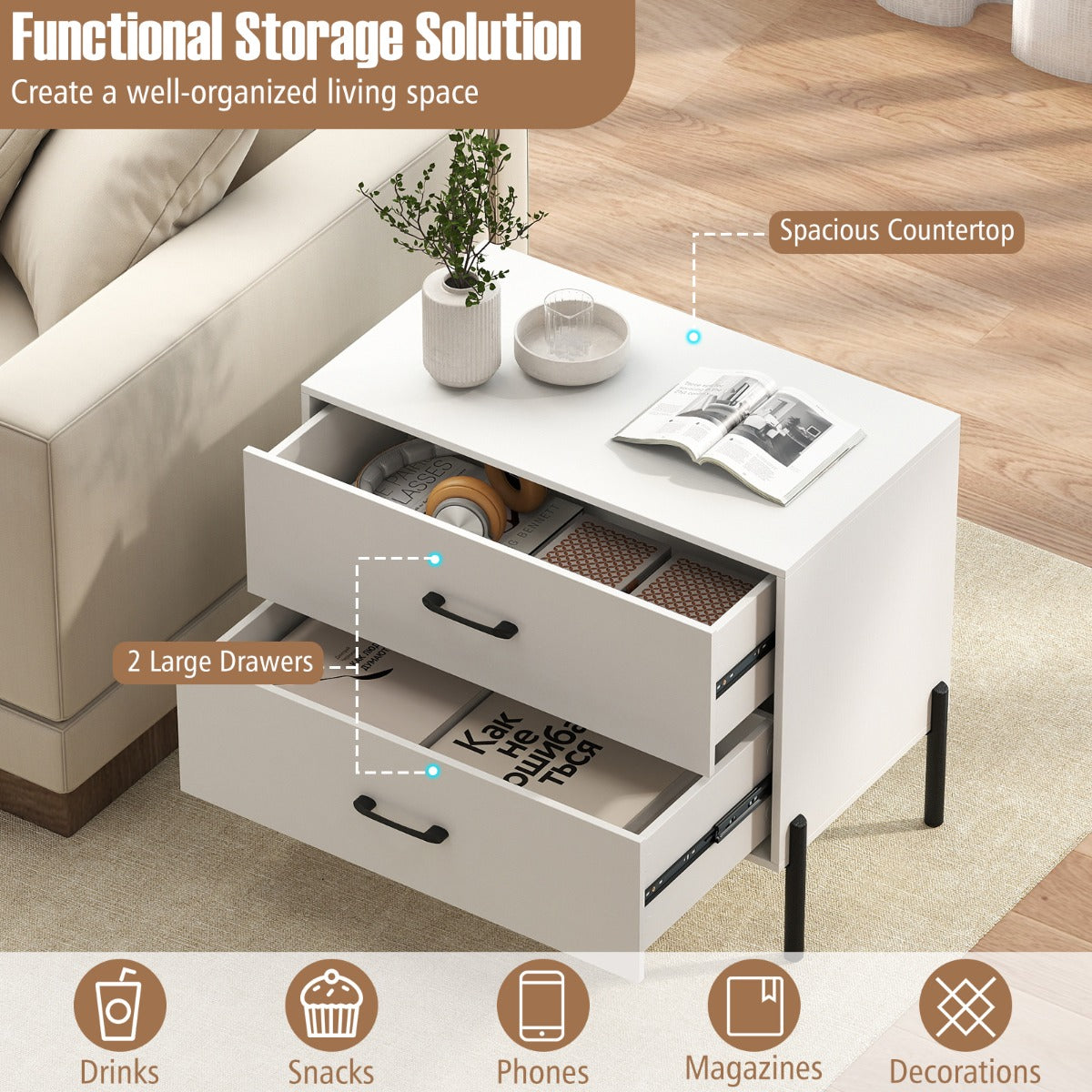 Livsk costway commode met 2 lades moderne houten nachtkastje met metalen poten en handgrepen compact bijzettafeltje met lades 5