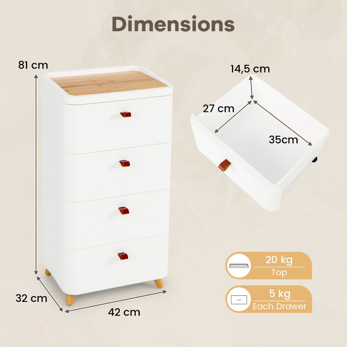 LIVSK Commode met 4 Laden - Uitneembare Opberglade - Bamboe Bovenblad - Voor Slaapkamer en Woonkamer - Voorgemonteerd - Wit